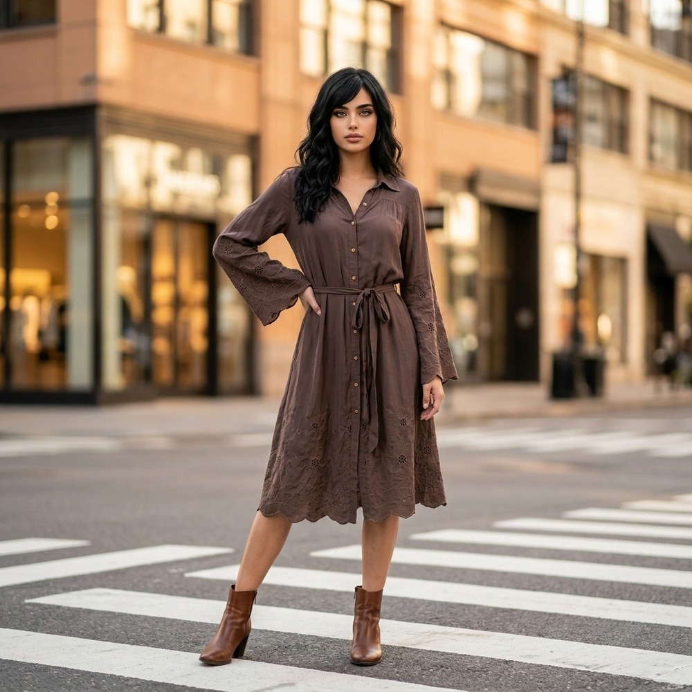 J. Jill Semi Sheer Shirt Dress Brown Embroidered Floral Lagenlook Fall Belted M